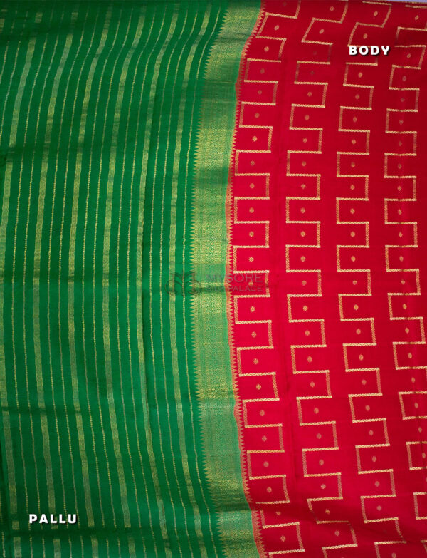 Red & Green Mysore Silk Saree - Image 2